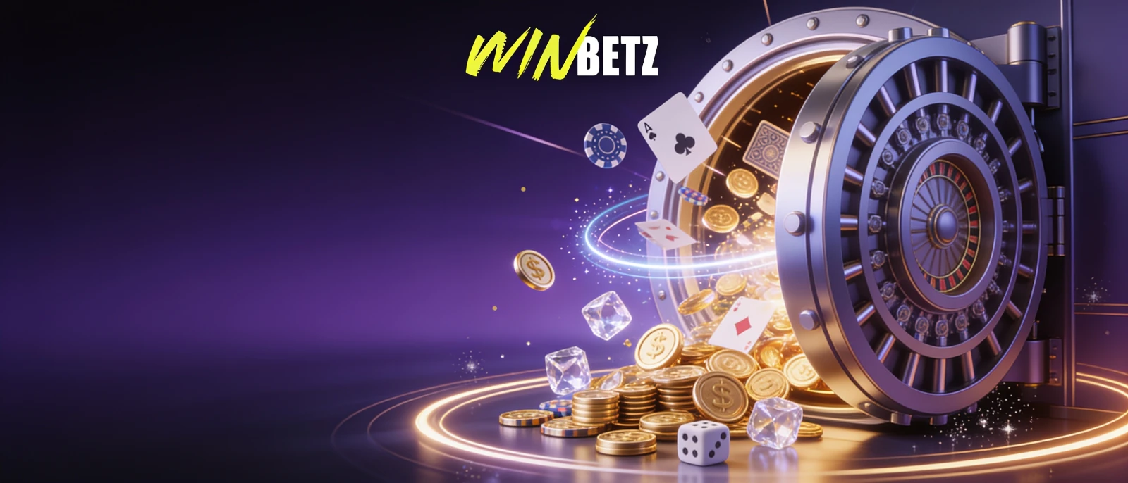 Coffre Winbeatz ouvert avec pièces, jetons et cartes de casino